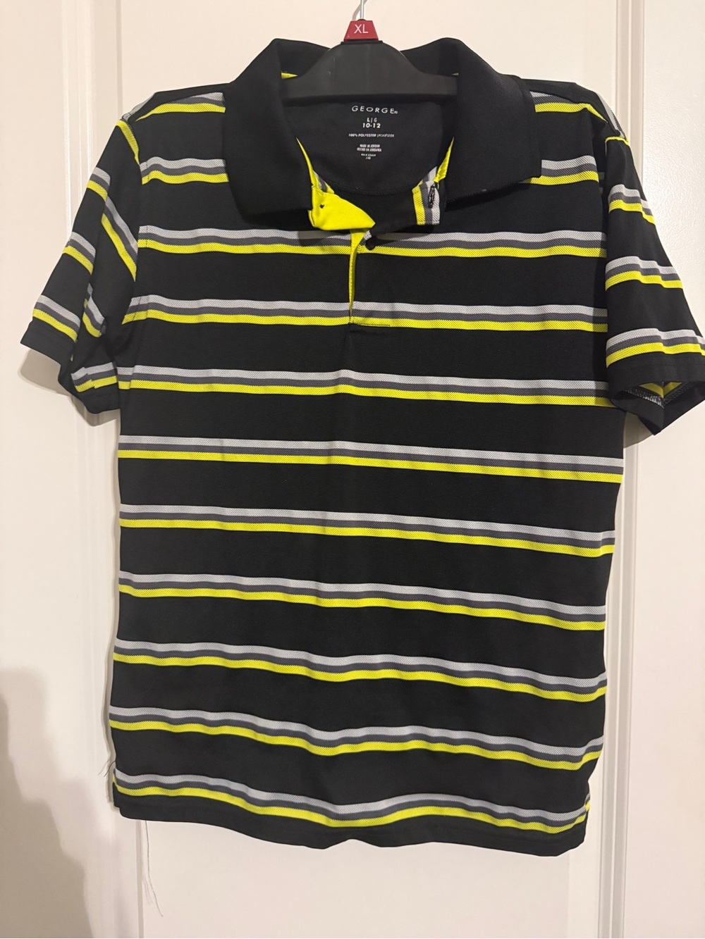 George Boys Black Polo with Neon Yellow and Light Gray Stripes